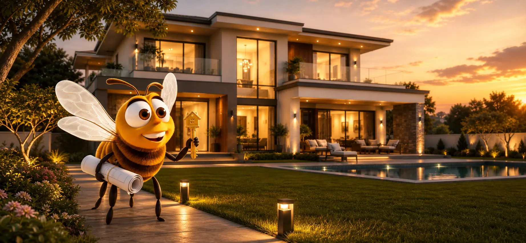 BEES character holding a key and blueprint outside a dream home